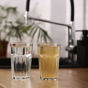 Two glasses sit on a wooden surface: one filled with clear water, the other with a brown liquid, against a blurred kitchen backdrop.