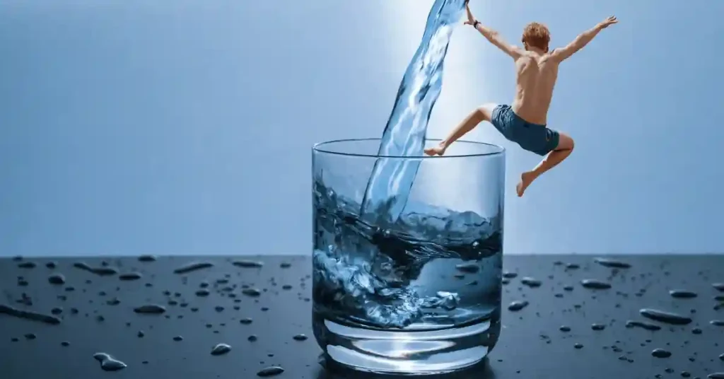 Water Softener System Installation: Say Goodbye to Hard Water | water treatment companies Lehigh Acres A boy in swim trunks leaps into a large glass filled with splashing water, surrounded by droplets on a dark surface.