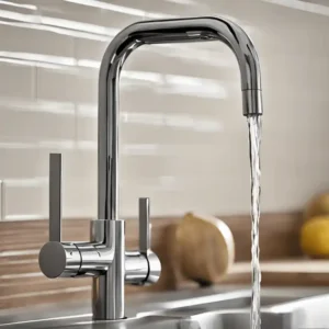 Close-up of a modern chrome kitchen faucet with flowing water, set against a bright, minimalist kitchen backdrop.