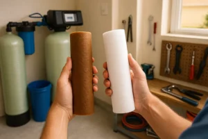 A person holding a brown and a white water filter cartridge in a workshop with tool racks and filtration equipment in the background.
