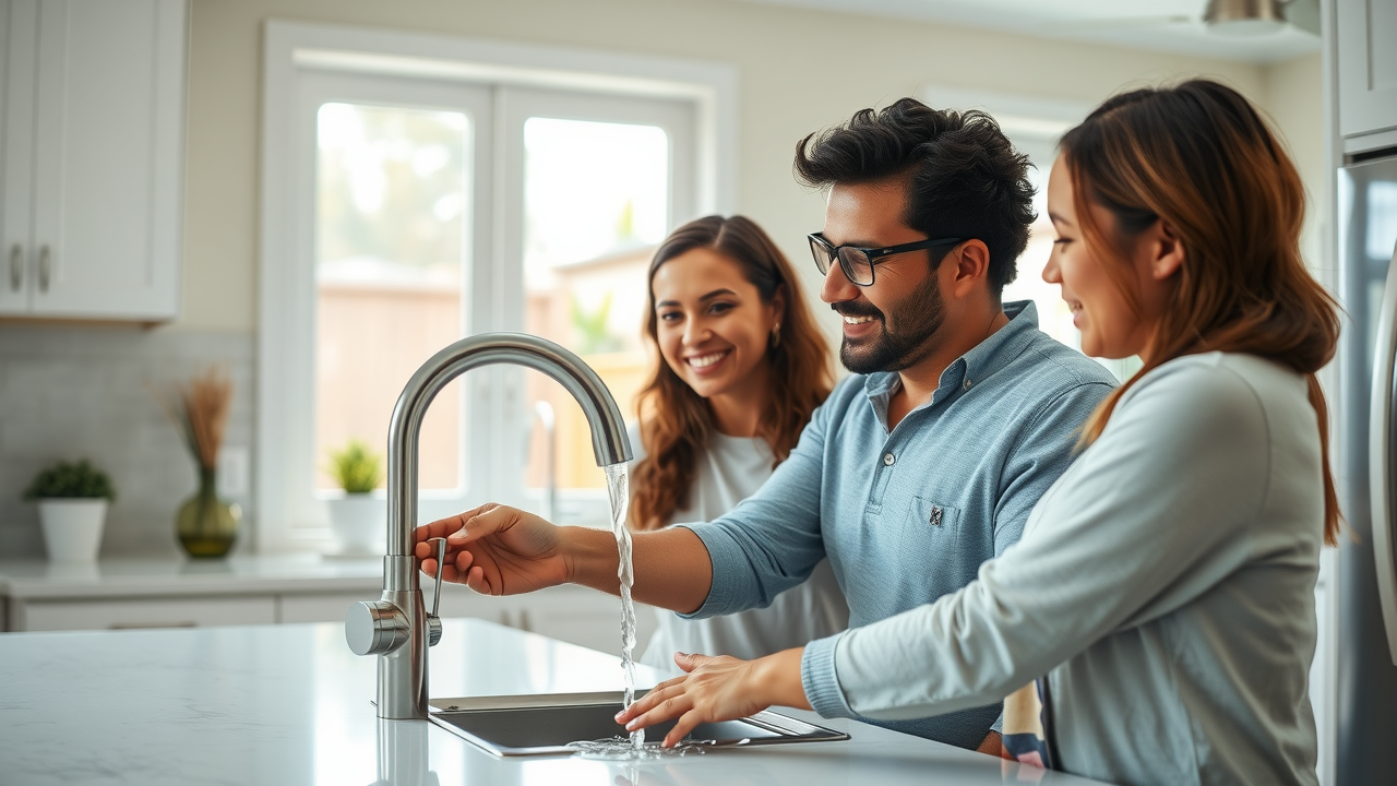 Well water system repair Lehigh Acres - family inspecting clear water quality in Florida home kitchen.