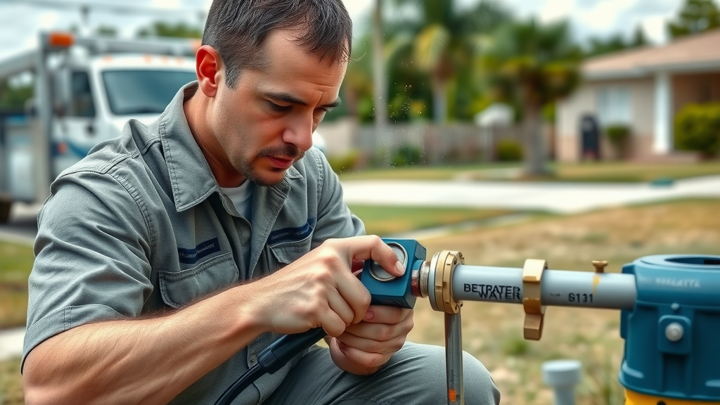 Pump repair technician servicing a residential well water pump in Lehigh Acres.