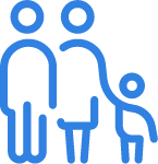 Icon of a family with two adults and a child, symbolizing togetherness and parental care in a simple blue line design.