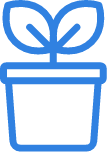 Blue outline of a potted plant with two green leaves sprouting from the top, symbolizing growth and nature.