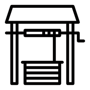 Simple line drawing icon of a traditional well, featuring a roof, a winding mechanism, and a water bucket at the base.