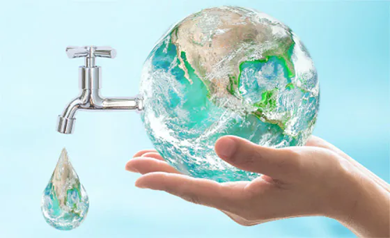 Water conservation symbol of a globe witha a tap and a drop of water comming out of the tap representing eco-friendly water treatment, well water treatmetment and water conditioning solutions bu PUR.